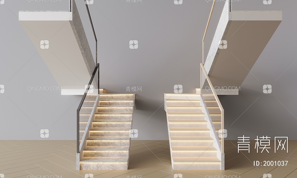 扶手楼梯 玻璃楼梯  台阶灯 楼梯梯级3D模型下载【ID:2001037】