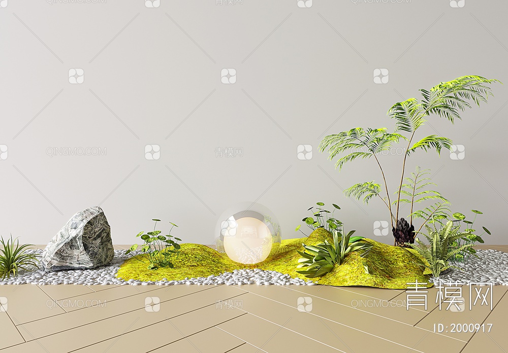 室内景观造景 植物堆假山石头景观小品 绿植 月球灯3D模型下载【ID:2000917】