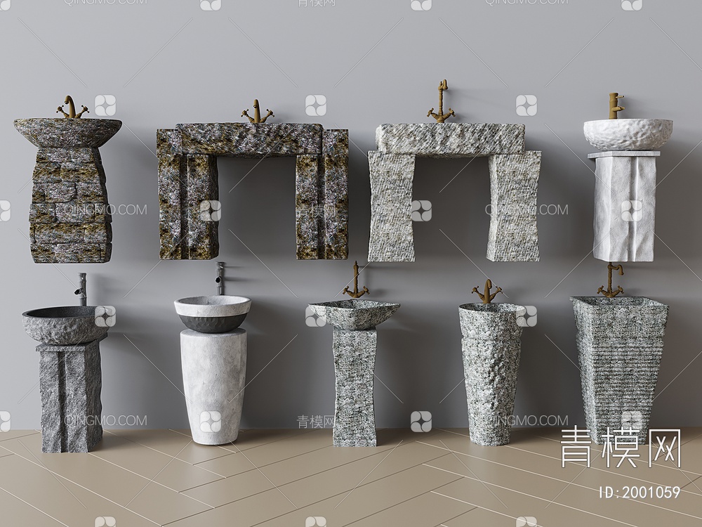 岩石立柱式洗手台 石头柱式洗手台 石槽立柱盆洗手盆 水龙头 镜子3D模型下载【ID:2001059】