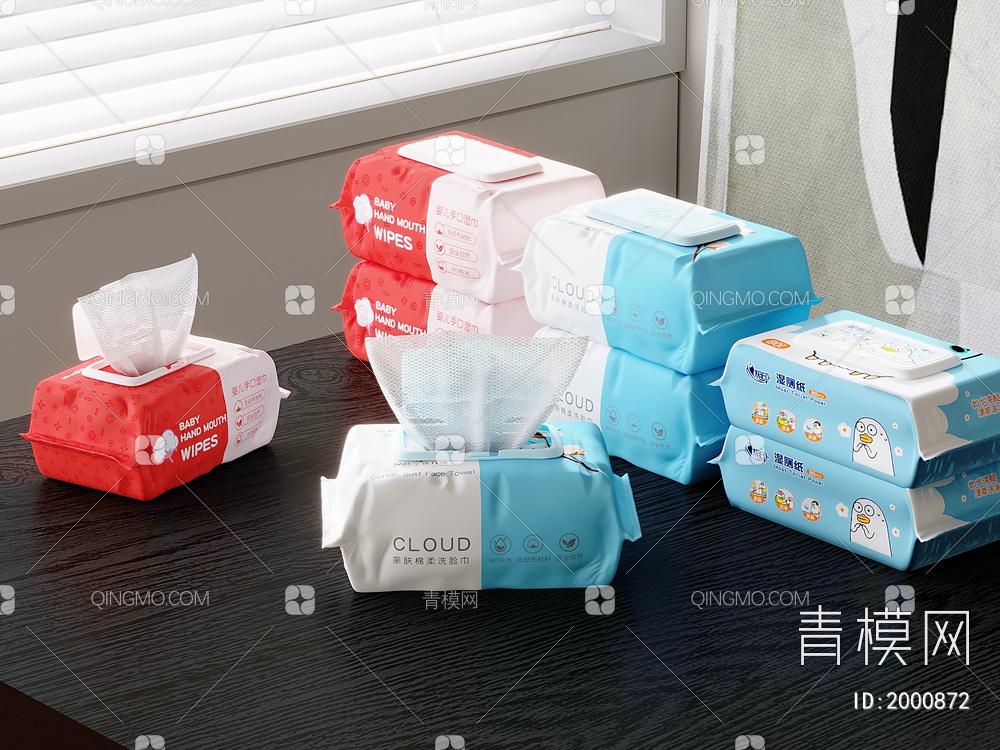 亲肤绵柔洗脸巾 婴儿手口湿巾 心心相印湿厕纸3D模型下载【ID:2000872】