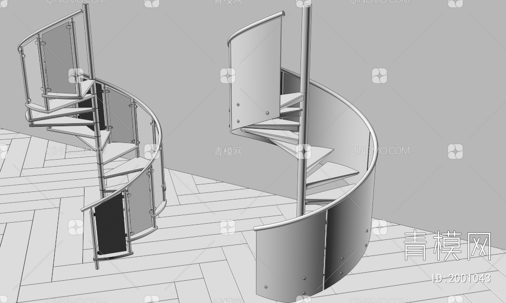 扶手楼梯 玻璃楼梯  旋转楼梯 楼梯梯级3D模型下载【ID:2001043】