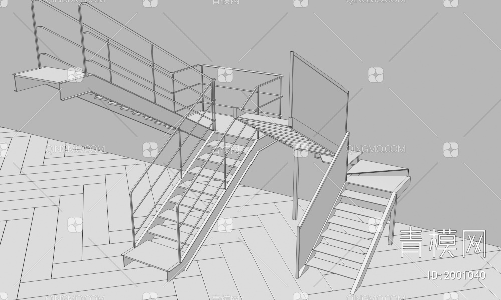 扶手楼梯 玻璃楼梯  铁艺楼梯 楼梯梯级3D模型下载【ID:2001040】