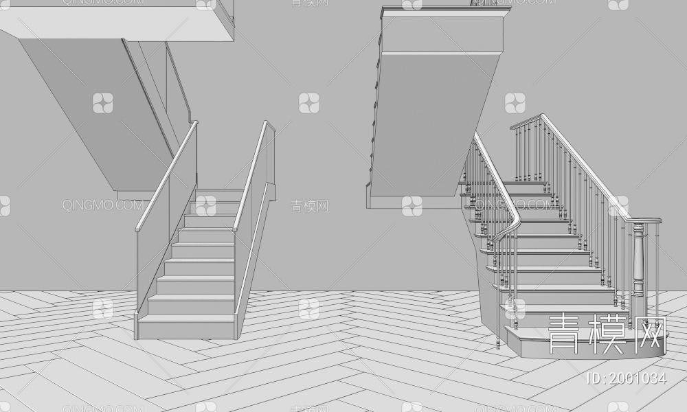 扶手楼梯 玻璃楼梯 铁艺楼梯3D模型下载【ID:2001034】