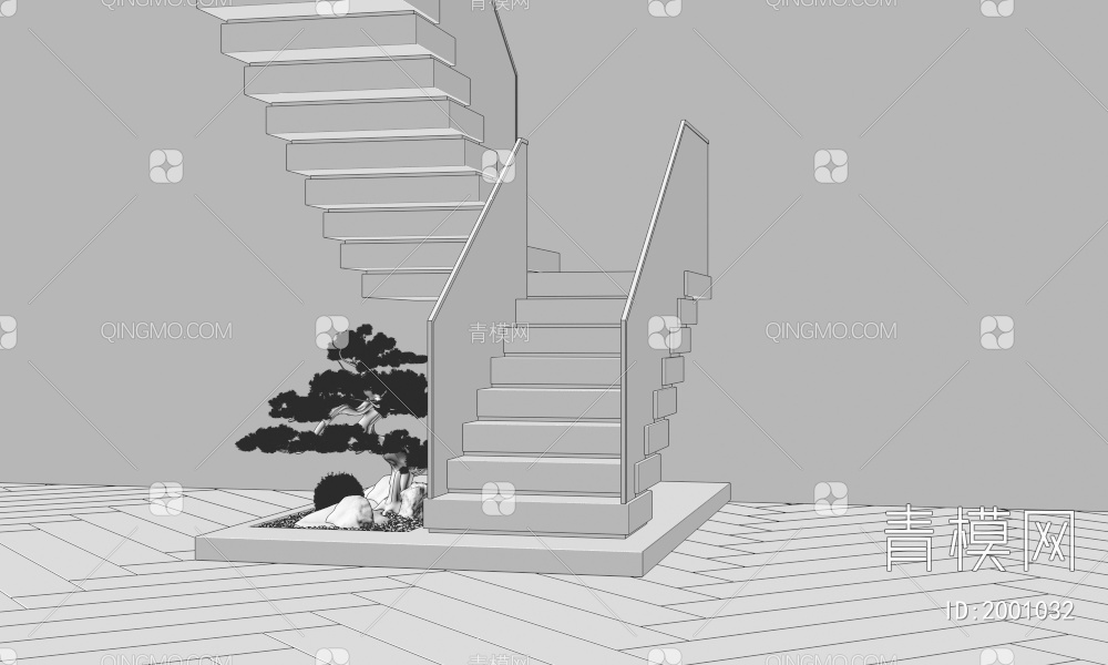 扶手楼梯 玻璃楼梯 松树假山石头造景3D模型下载【ID:2001032】