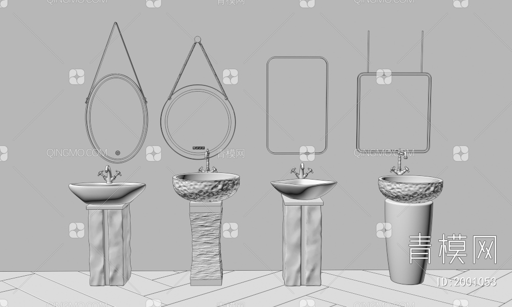 岩石立柱式洗手台 石头柱式洗手台 石槽立柱盆洗手盆 水龙头 镜子3D模型下载【ID:2001053】
