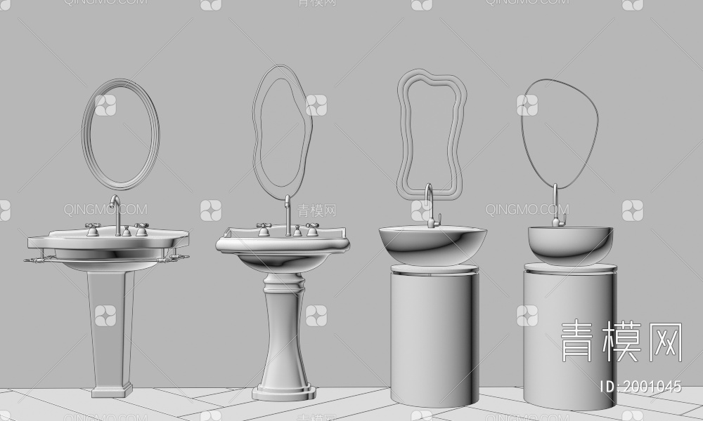 立柱式洗手台 陶瓷柱式洗手台 立柱盆洗手盆 水龙头 镜子3D模型下载【ID:2001045】