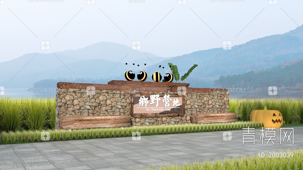 村庄入口景墙 石笼文化景墙 公园入口景观 毛石logo矮墙 文化景墙3D模型下载【ID:2003039】