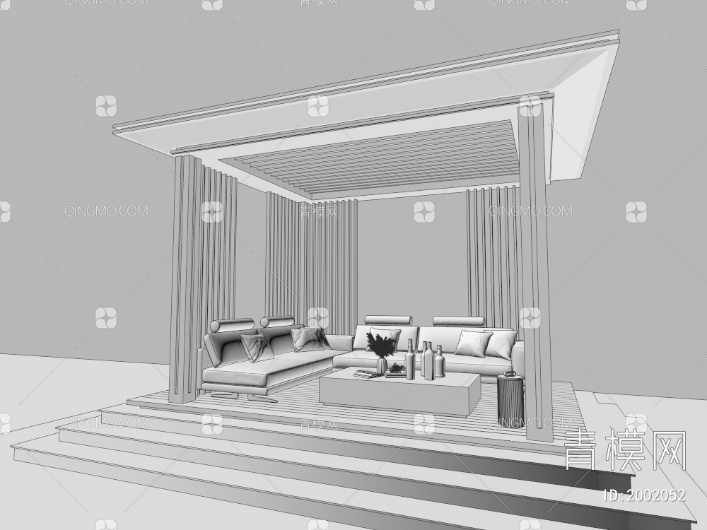 户外座椅  屋顶花园座椅 户外凉棚3D模型下载【ID:2002052】