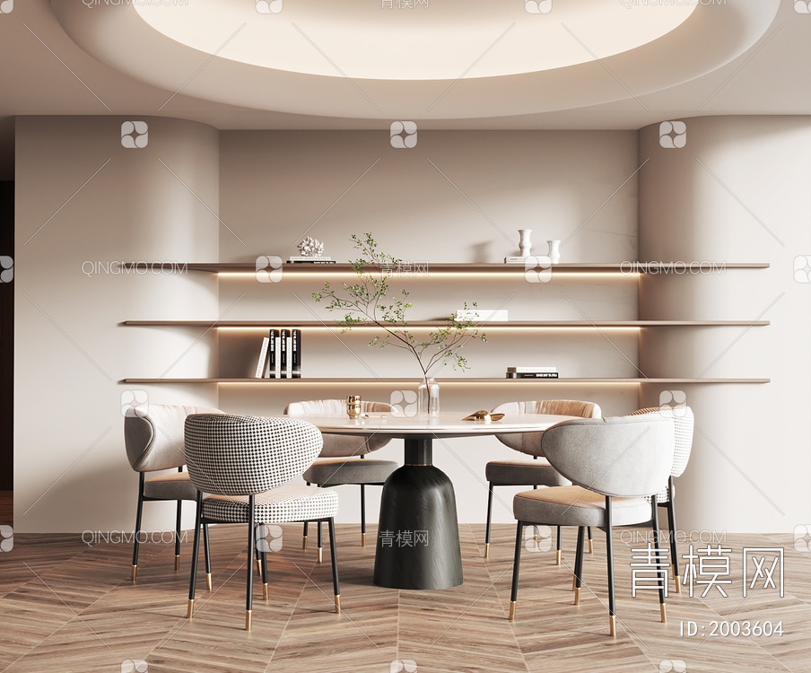 家居餐厅 奶油风餐桌椅 餐椅 圆桌 吊灯 绿植3D模型下载【ID:2003604】