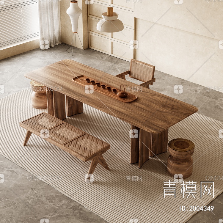 实木茶桌椅组合3D模型下载【ID:2004349】