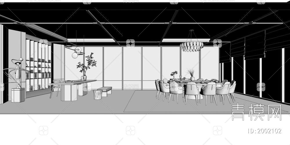 包厢 餐厅包间 圆形餐桌椅 餐边柜 茶台 餐桌椅组合  茶桌 装饰柜3D模型下载【ID:2002102】