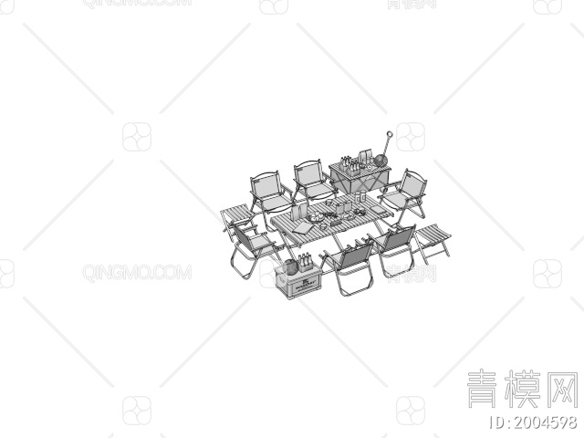 户外桌椅组合 露营桌椅 折叠椅 食物饮料 小推车3D模型下载【ID:2004598】