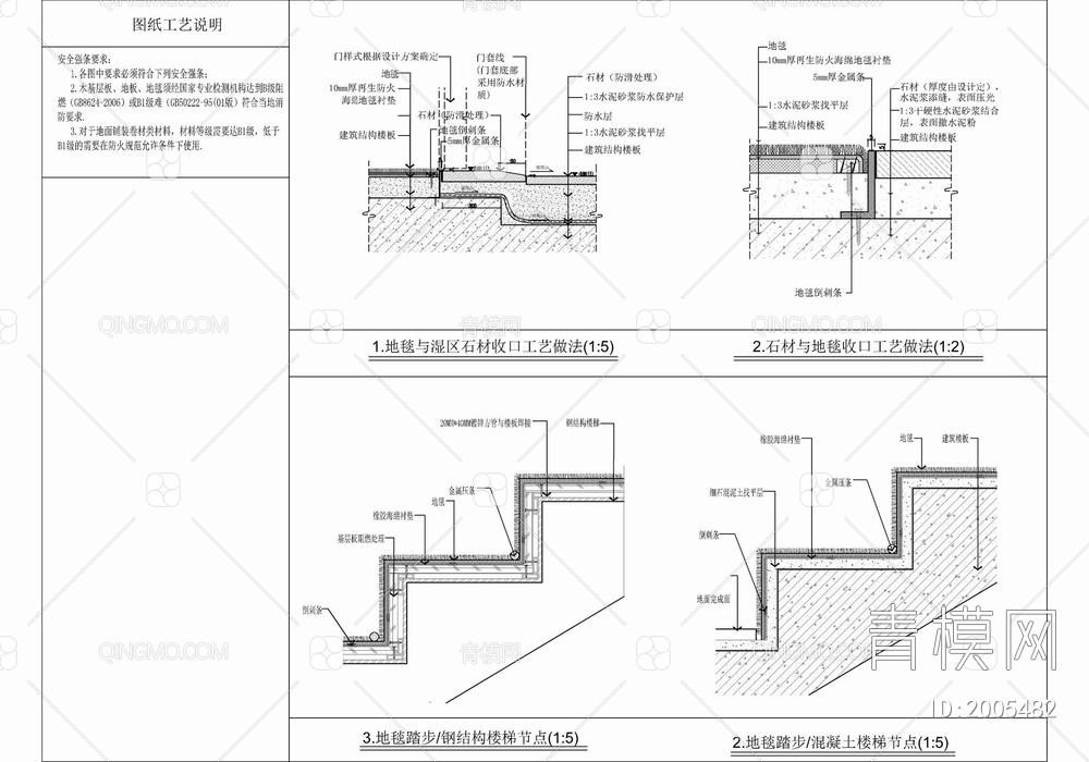 地毯铺贴各类型收口详图 地毯施工详图 地毯与石材收口 地毯与玻璃幕墙收口 地毯梯步【ID:2005482】