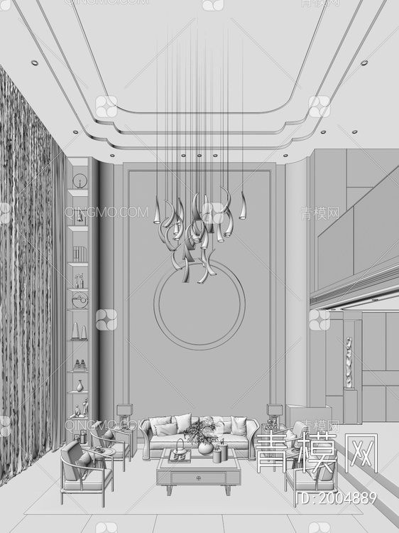 复式别墅客厅 挑空弧形沙发背景墙3D模型下载【ID:2004889】
