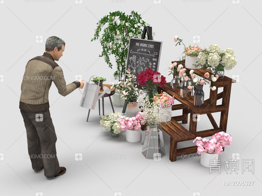 老人浇花场景， 鲜花3D模型下载【ID:2006327】
