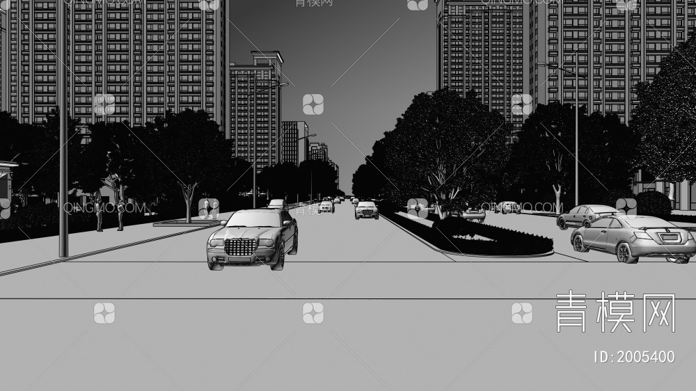城市街景 汽车 植物景观3D模型下载【ID:2005400】