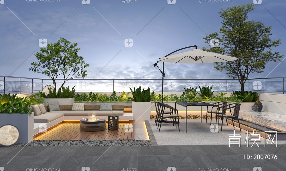 屋顶花园 阳台景观 户外庭院 植物组合 黄昏阳台 露台景观3D模型下载【ID:2007076】