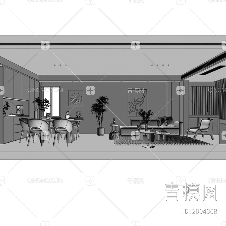 客餐厅，沙发，餐桌，酒柜。电视3D模型下载【ID:2004358】
