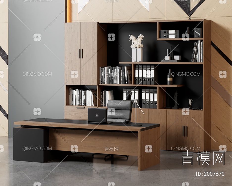 总经理办公桌椅书柜组合3D模型下载【ID:2007670】