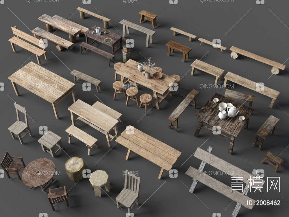 餐桌椅组合_八仙桌_长板凳3D模型下载【ID:2008462】