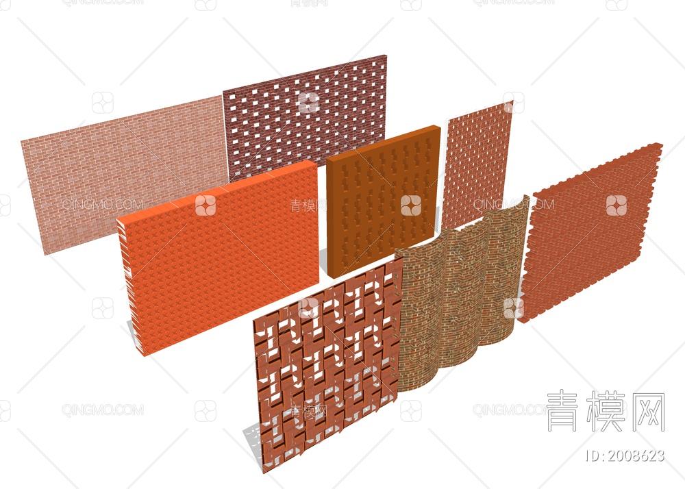 红砖墙面 镂空砖块SU模型下载【ID:2008623】