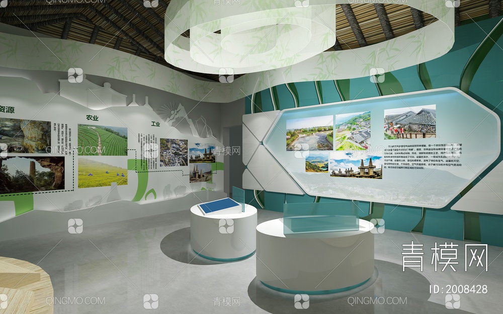 绿色生态文化展厅 互动触摸屏 展示台 剪影墙3D模型下载【ID:2008428】