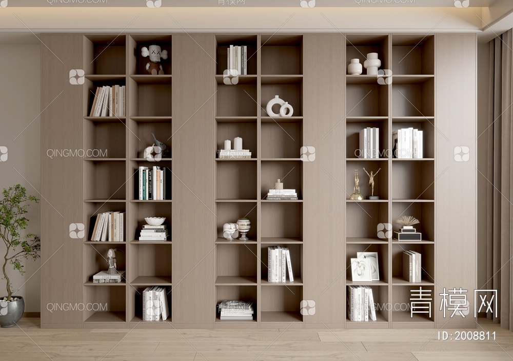 书柜 装饰柜 书柜 书籍组合 书架 摆件 装饰摆件 开放实木书柜3D模型下载【ID:2008811】
