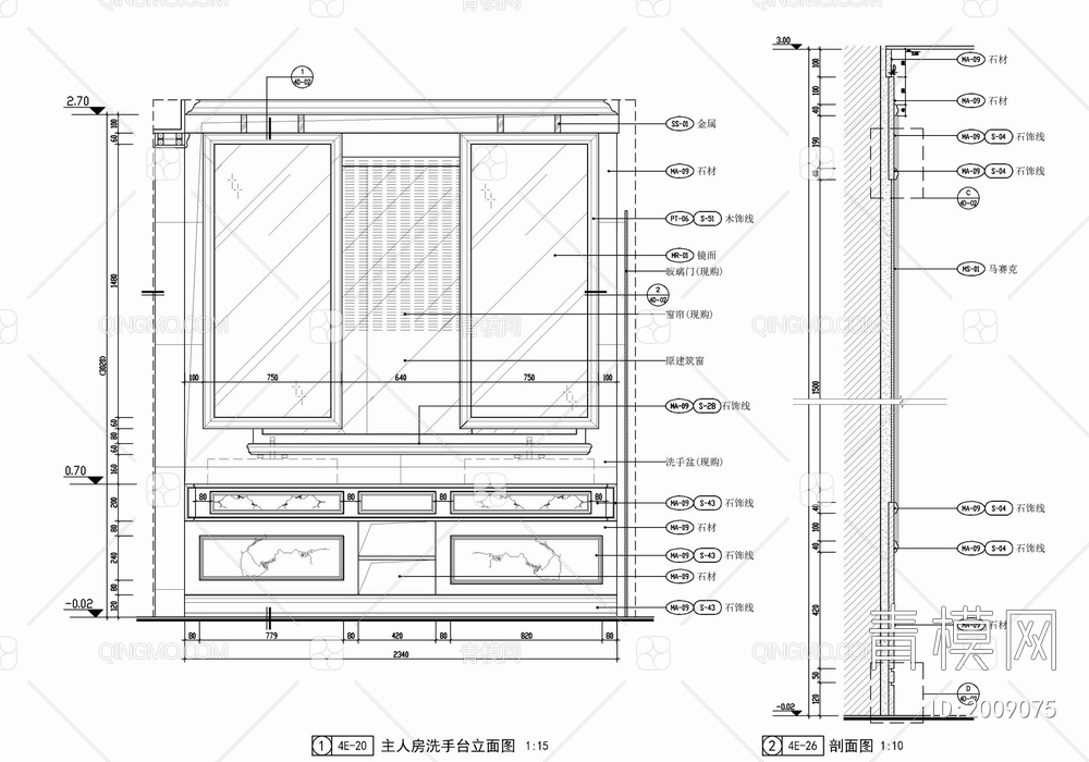 卫生间洗手台浴缸墙面等施工详图 盥洗处 台盆 浴缸【ID:2009075】