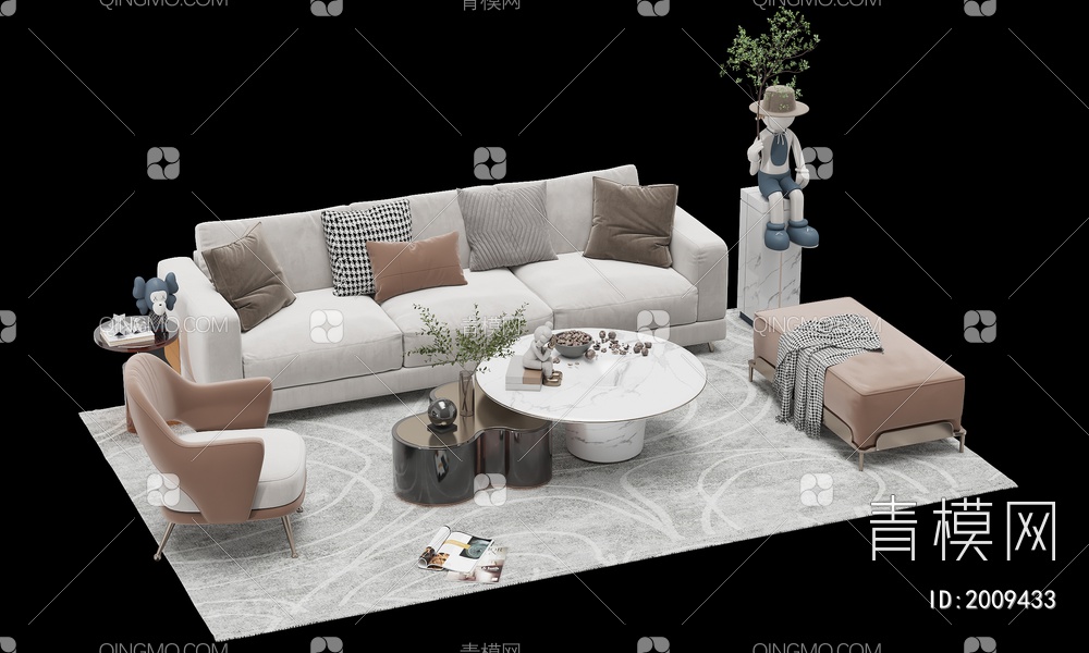 沙发座椅茶几摆件组合3D模型下载【ID:2009433】