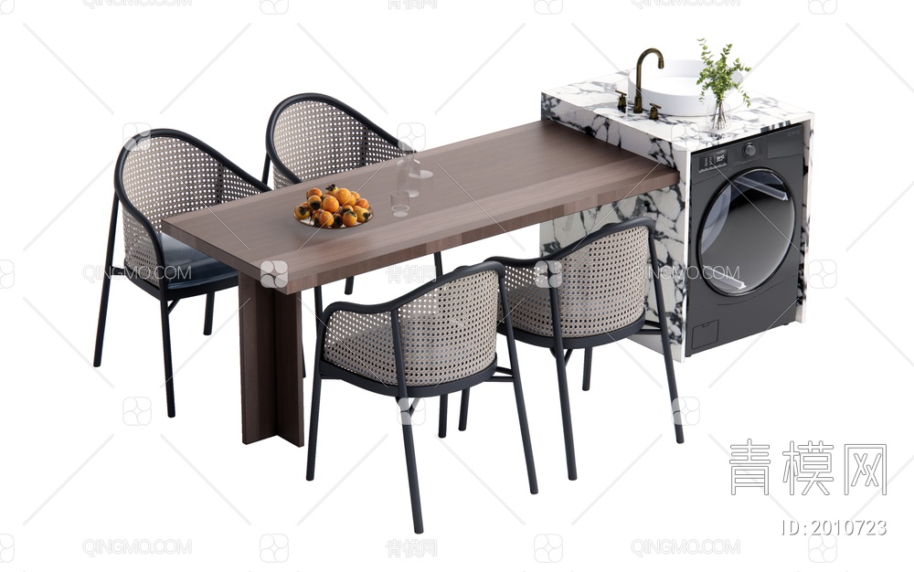 中古风中岛台餐桌椅组合SU模型下载【ID:2010723】