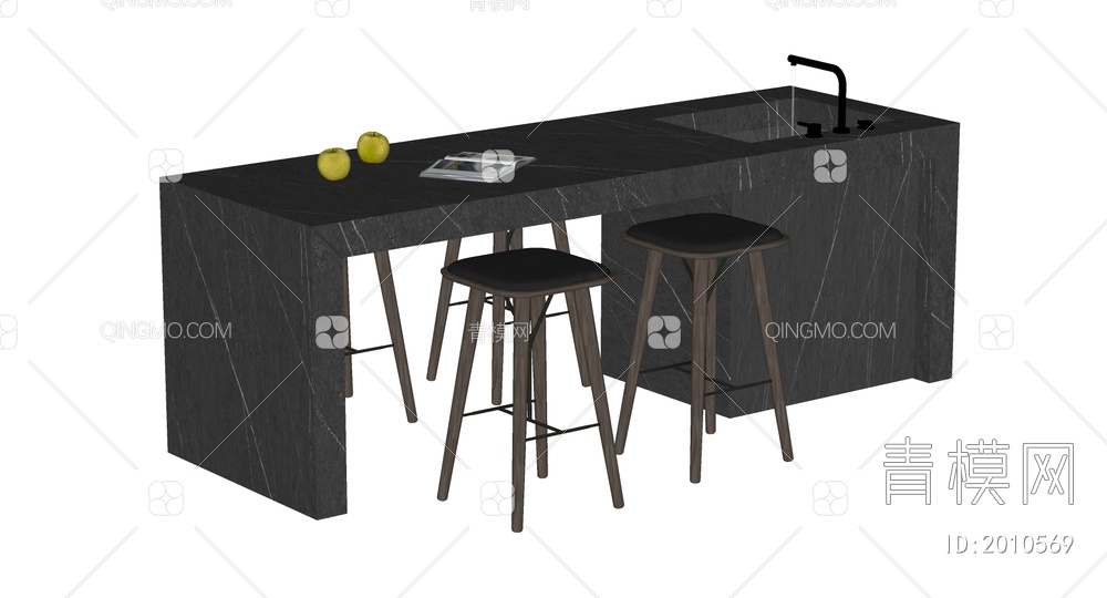 中岛台餐桌椅组合SU模型下载【ID:2010569】
