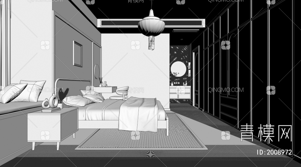 卧室 床 洗手池 床头柜 吊灯 衣柜3D模型下载【ID:2008972】