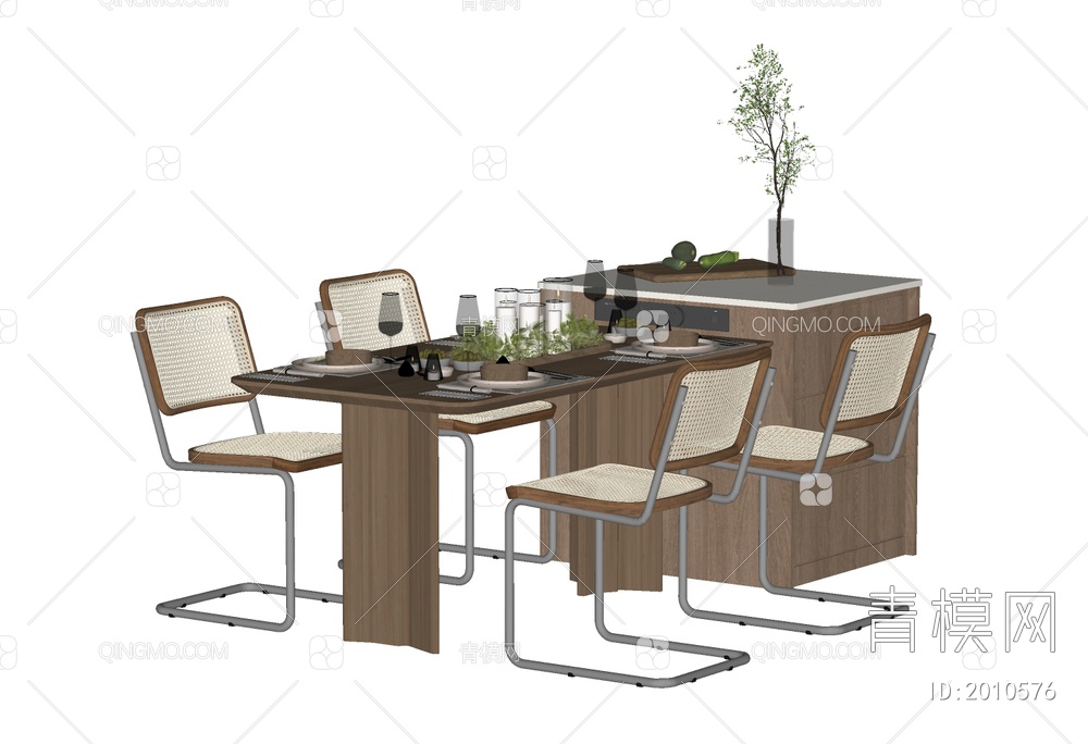 中岛台餐桌椅组合SU模型下载【ID:2010576】
