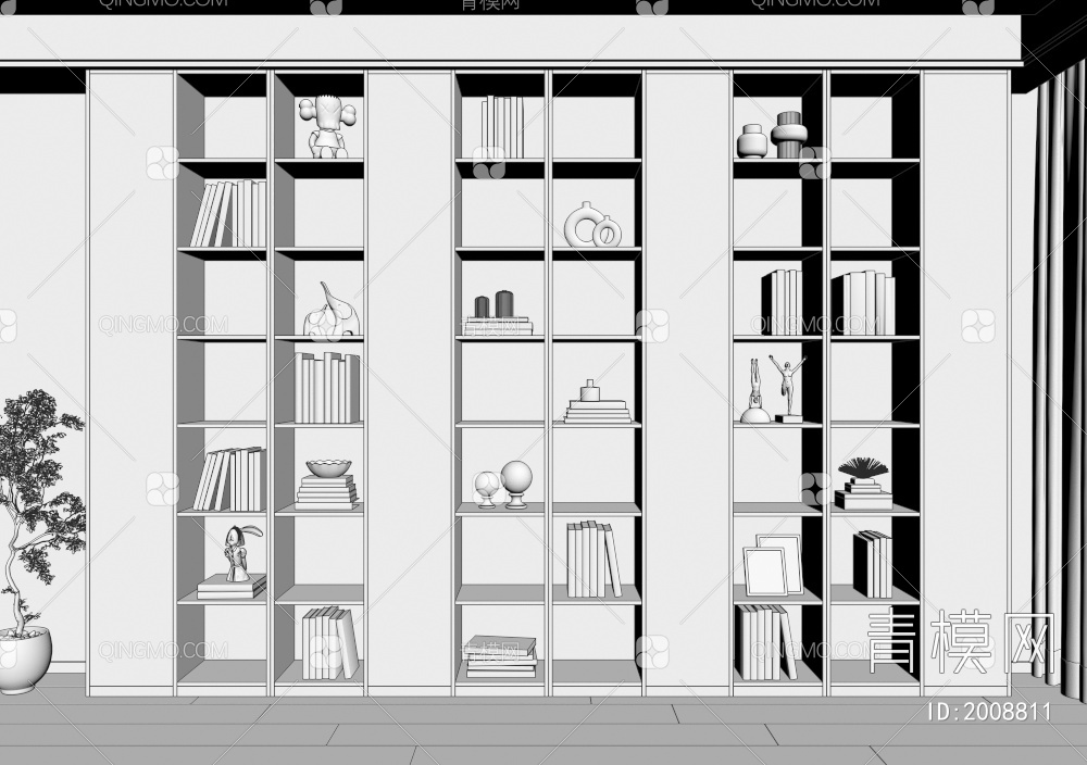 书柜 装饰柜 书柜 书籍组合 书架 摆件 装饰摆件 开放实木书柜3D模型下载【ID:2008811】