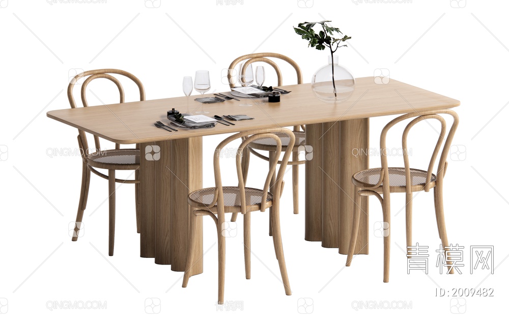 餐桌椅 原木餐桌椅SU模型下载【ID:2009482】
