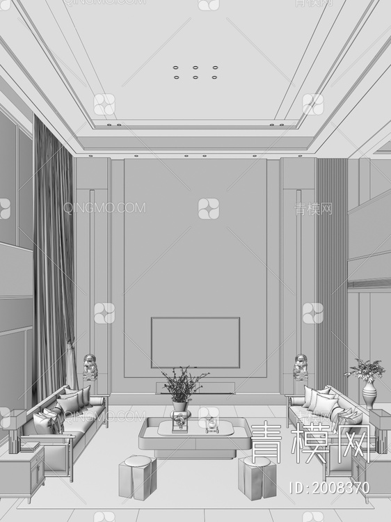 复式别墅客厅 挑空悬浮电视背景墙3D模型下载【ID:2008370】