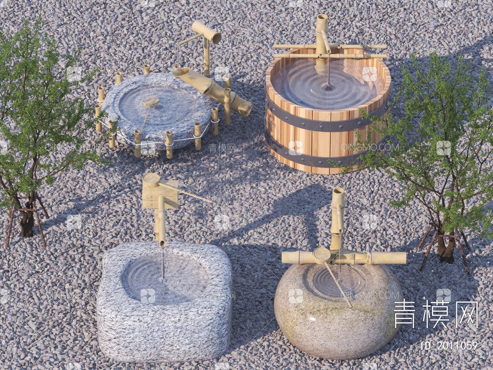 枯山水景观小品 水钵 水缸3D模型下载【ID:2011059】