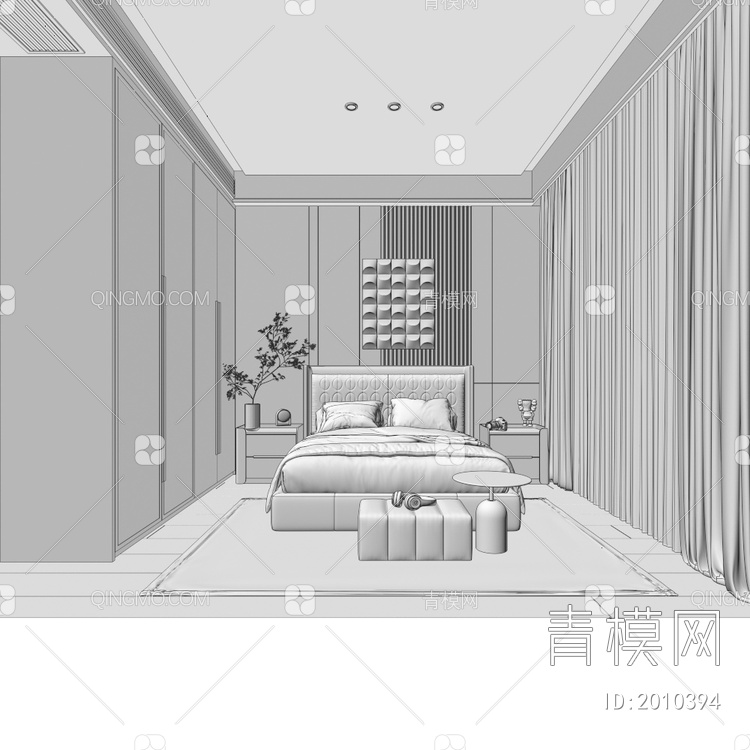 卧室，床，衣柜，墙饰3D模型下载【ID:2010394】