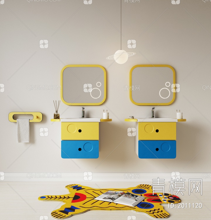 儿童浴室柜 浴室镜 地毯 吊灯 台盆3D模型下载【ID:2011120】