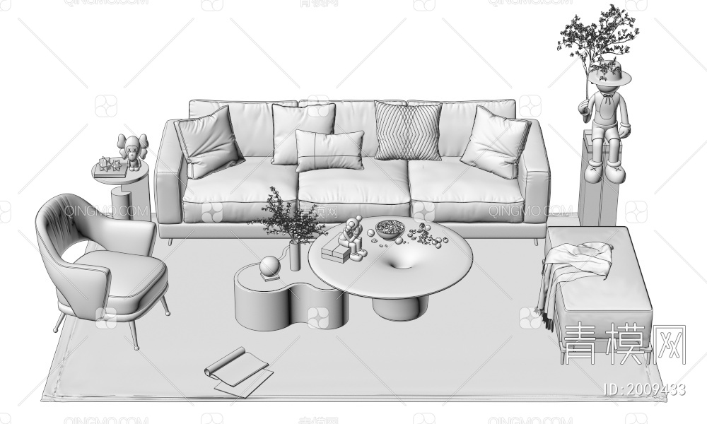 沙发座椅茶几摆件组合3D模型下载【ID:2009433】