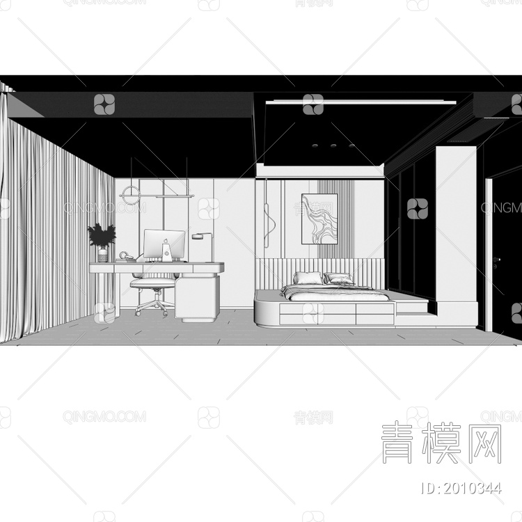 卧室，榻榻米，书房，书桌，衣柜，书柜3D模型下载【ID:2010344】