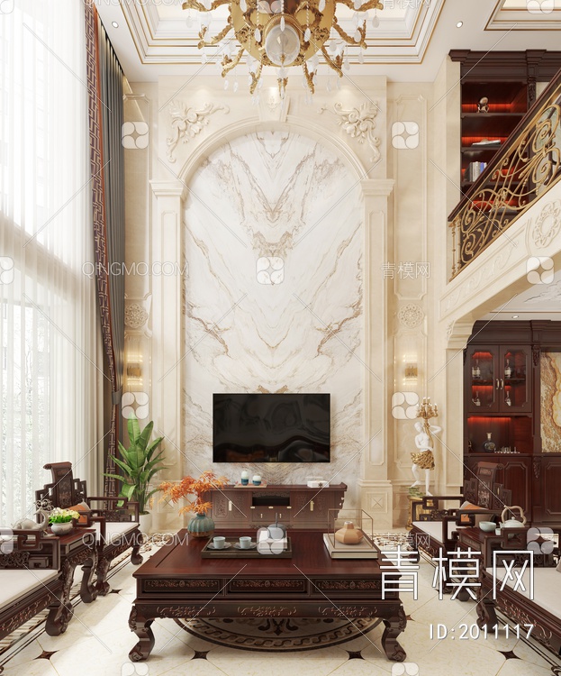 别墅客餐厅，茶室，实木沙发，餐桌，茶桌3D模型下载【ID:2011117】