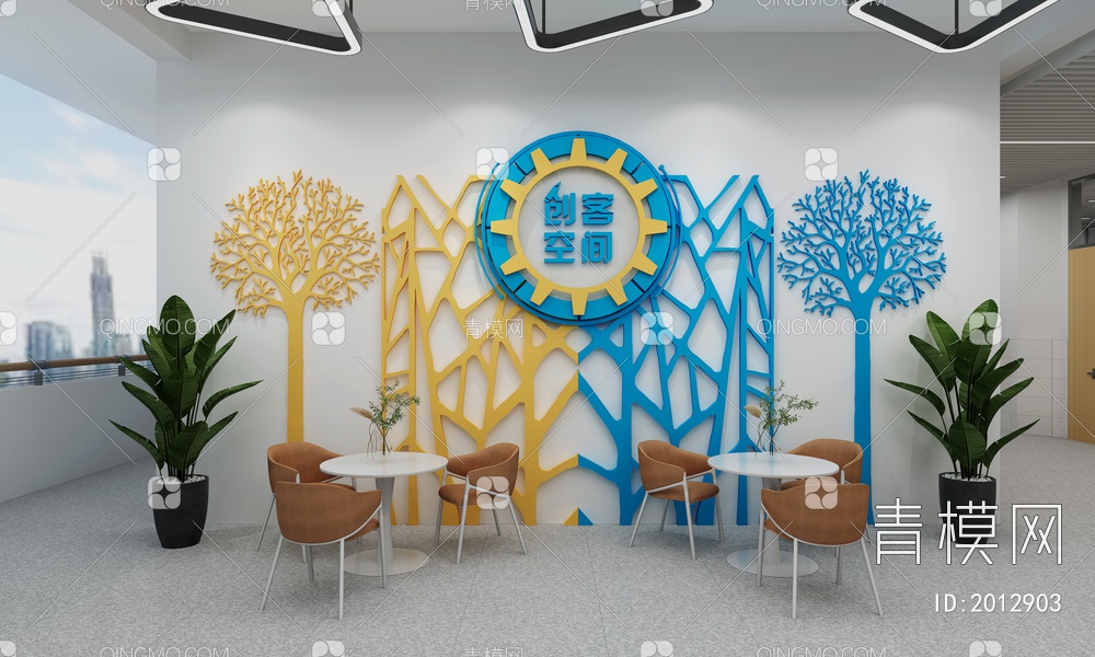 校园创客空间文化装置 墙面文化 创意书桌 高脚凳 创意吊灯3D模型下载【ID:2012903】