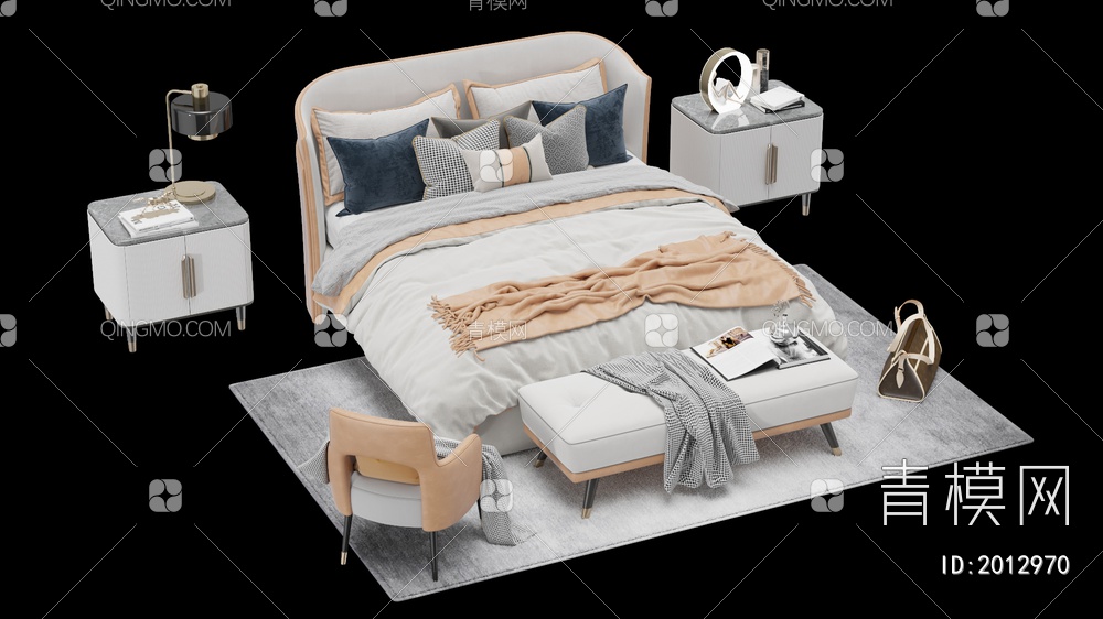 床和床头柜组合3D模型下载【ID:2012970】