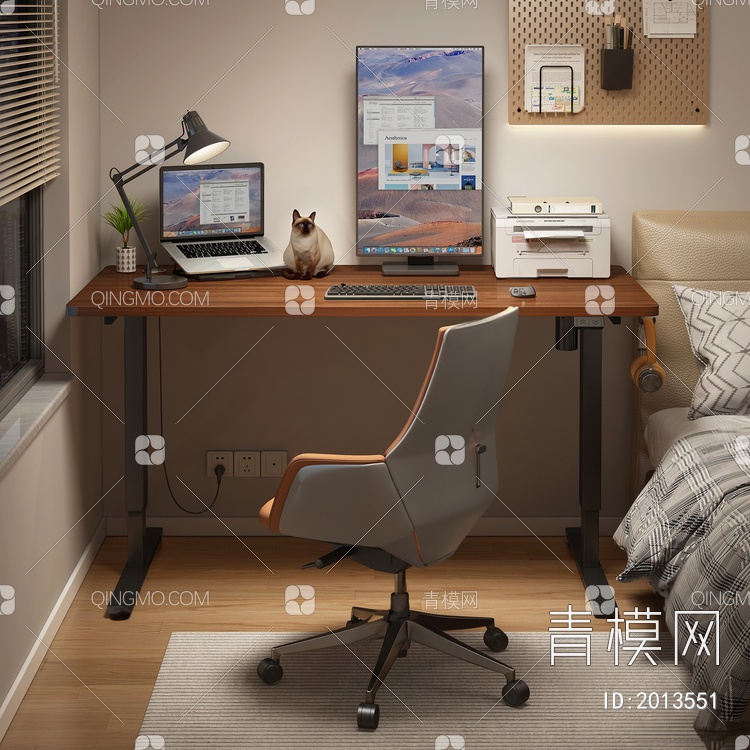 书桌椅组合 胡桃木升降桌3D模型下载【ID:2013551】