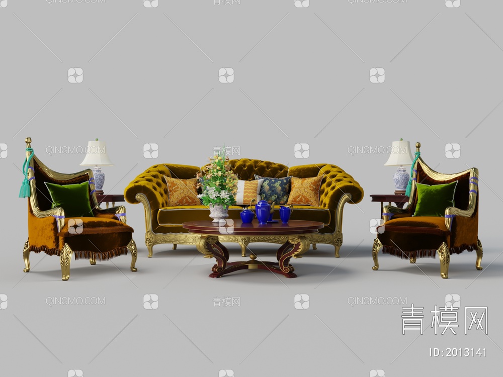 天鹅绒沙发 沙发茶几组合3D模型下载【ID:2013141】