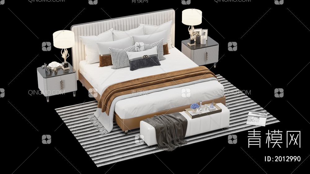 床和床头柜组合3D模型下载【ID:2012990】