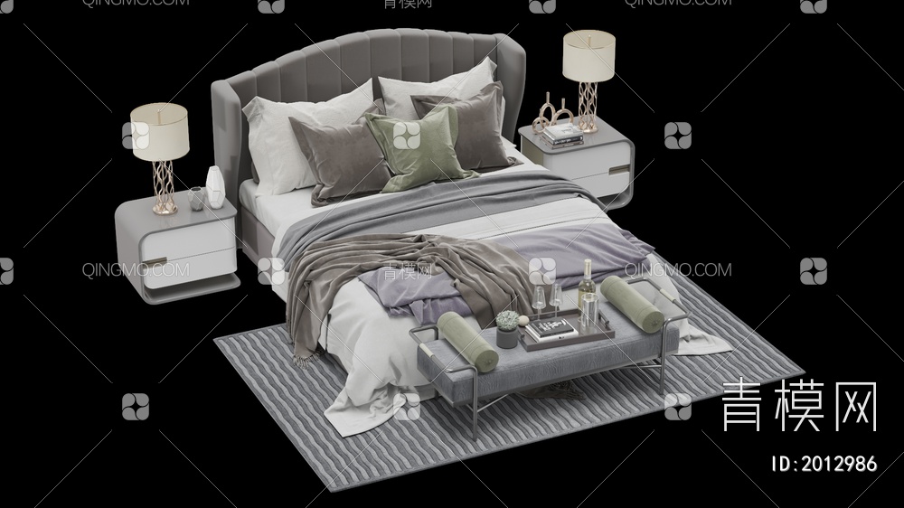 床和床头柜组合3D模型下载【ID:2012986】