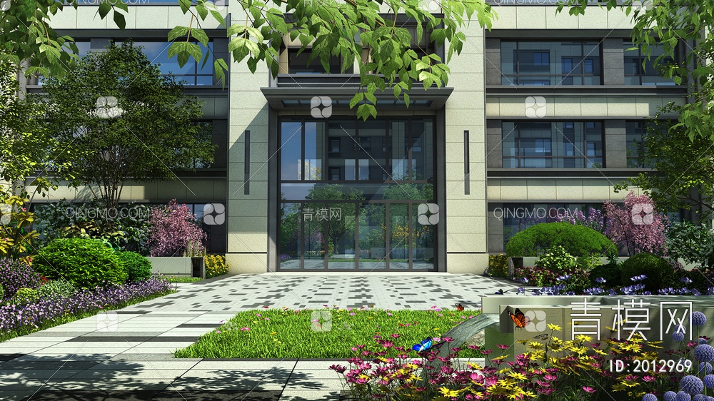 园区单元门入口，园区植物组团景观3D模型下载【ID:2012969】