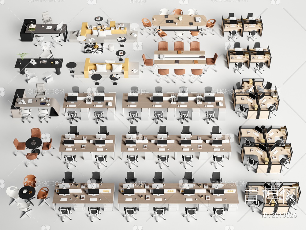 办公桌椅组合 办公卡座沙发 洽谈桌椅 经理办公桌3D模型下载【ID:2013526】